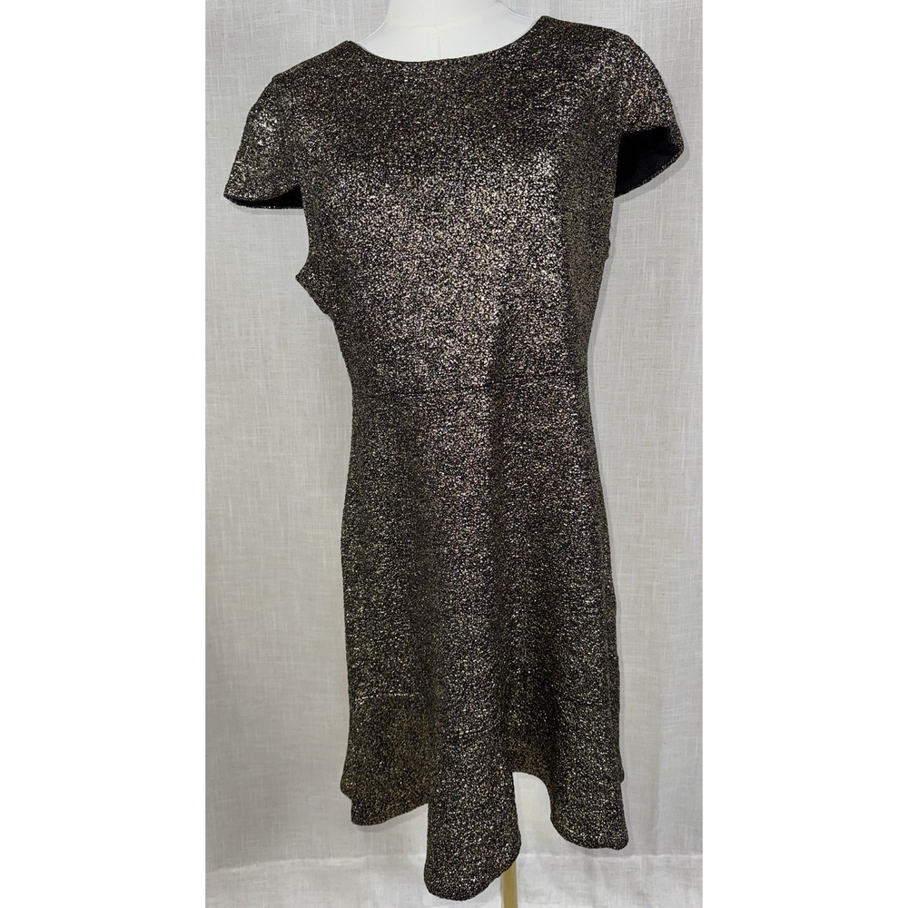 Michael Kors Women's Sz L Black Gold Metallic Short Sleeve Party Sheath Dress